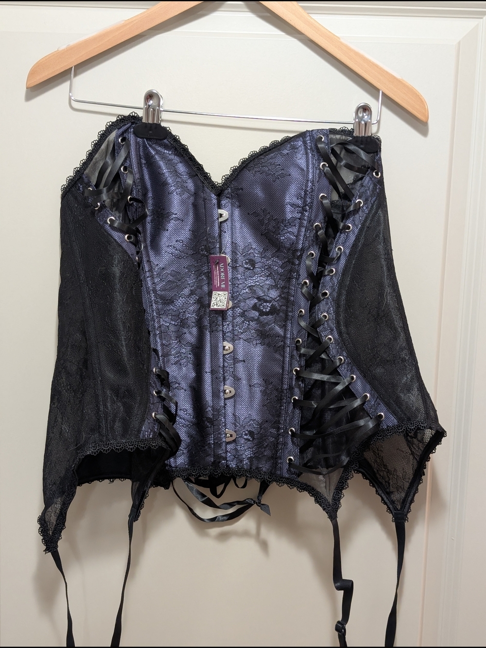 Purple Lace Satin Corset with Black Lace-Up Details